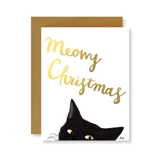 Meowy Christmas Black Cat Illustration Holiday Card